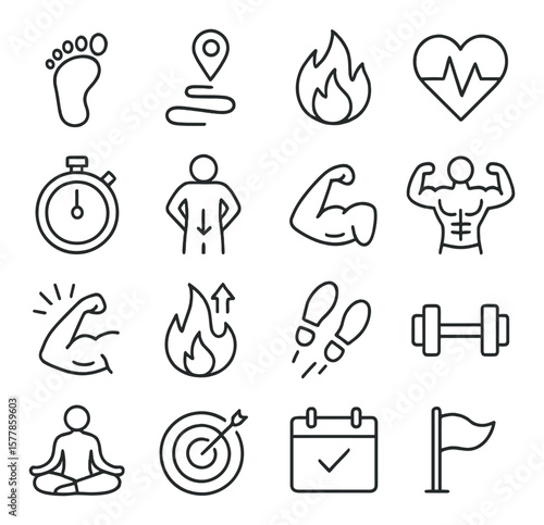 Fitness progress icon collection, simple exercise and workout tracking symbols set