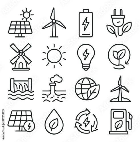 Renewable energy icon collection: sustainable and eco-friendly symbols for green power