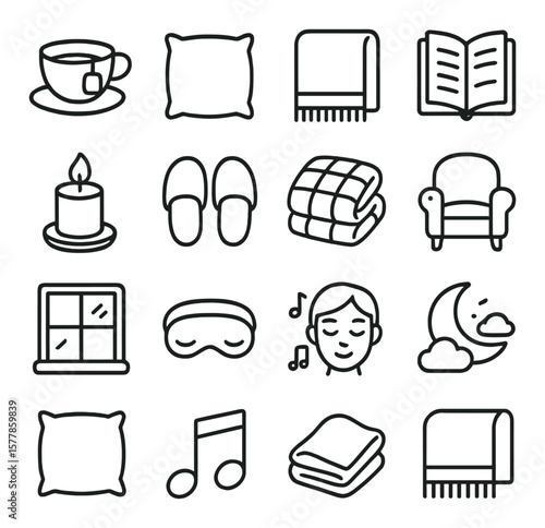 Cozy retreat icon collection, comfort and relaxation symbols. home and leisure icons set