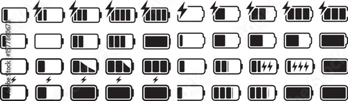 Battery Level Icon Set – Charging and Power Status Symbols for UI and App Design