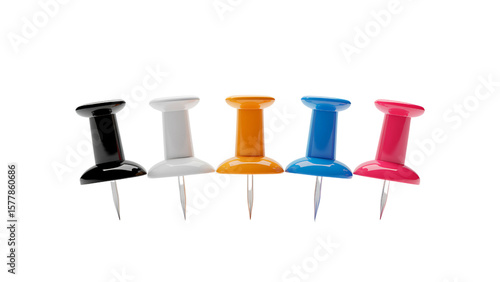 Five colorful push pins in a row isolated on transparent background