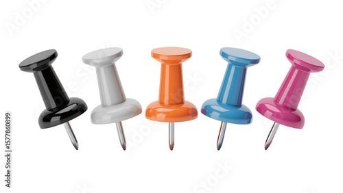 Five colorful push pins in a row isolated on transparent background