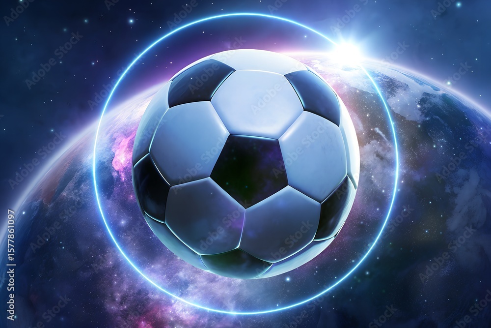 Fototapeta premium A soccer ball orbits the earth in a glowing blue ring against a starry galaxy background