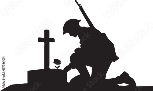 Kneeling Soldier Silhouette Beside Cross Grave