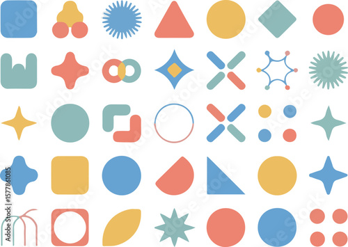Vector art of a vibrant collection of abstract geometric shapes in pastel colors arranged in a grid isolated on transparent background.