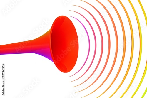 A red vuvuzela emits colorful sound waves, isolated on a white background