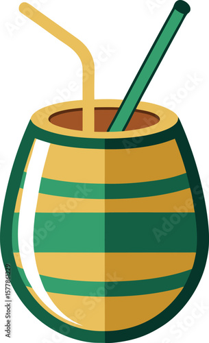 Traditional South American Mate Gourd with Two Straws, Striped Design, Flat Icon Illustration, Vibrant Colors, Cultural Drink, Yerba Mate,...