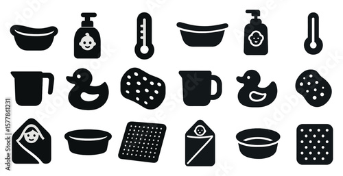 Collection of black and white icons for various bathroom items, including a bathtub, shower, and sink