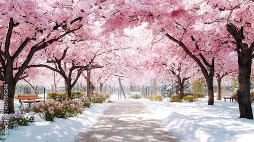Scenic spring path under cherry blossoms with falling petals