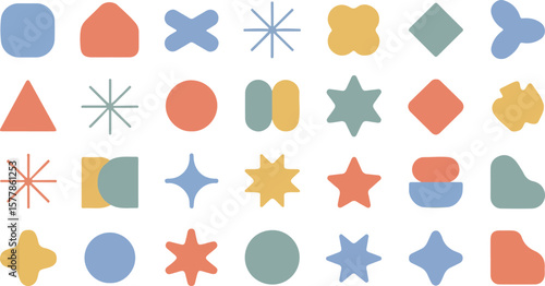 Vector art of a vibrant collection of abstract geometric shapes in various colors and forms arranged neatly isolated on transparent background.