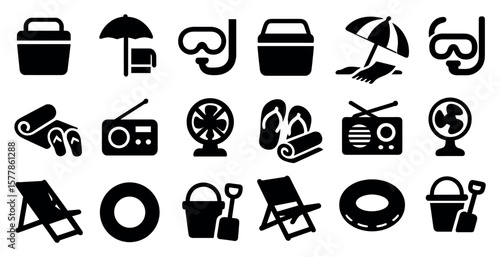 Collection of black and white icons for beach and pool items. The icons include a beach umbrella, a cooler, a beach chair, a beach ball, a beach towel, a beach chair, a beach ball, a beach chair