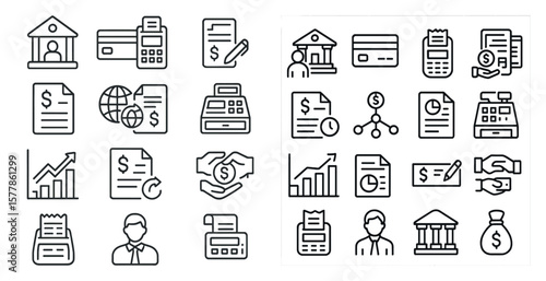 The image is a collection of various financial symbols and icons. The symbols include a bank, a calculator, a check, a printer, and a person. Scene is that of a financial institution or office