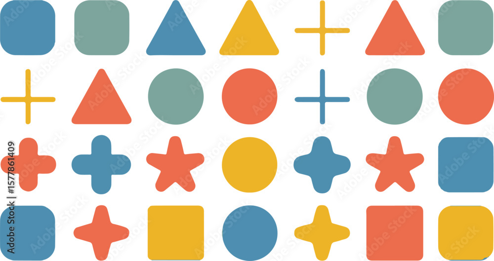 Vector art of a colorful collection of geometric shapes including squares, circles, triangles, stars, and crosses isolated on transparent background.