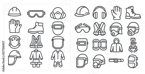 The image is a collection of safety gear and equipment. The black and white design gives the impression of a serious and professional atmosphere. The various items, such as gloves, goggles