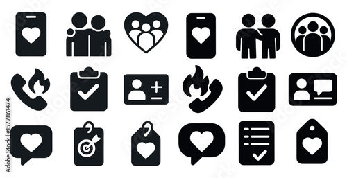 Collection of icons that include a heart, a phone, a check mark, a fire, and a shopping bag
