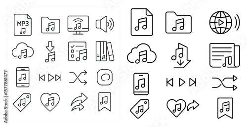 Collection of music icons and symbols. The icons include a heart, a book, a cloud, a phone, a computer, a music note, a globe, and a music player