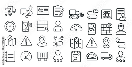 Collection of icons for a navigation app. The icons include a car, a truck, a person, a map, a speedometer, and a calendar
