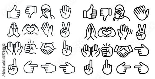 Collection of hand icons, including thumbs up, thumbs down, peace signs, and handshakes