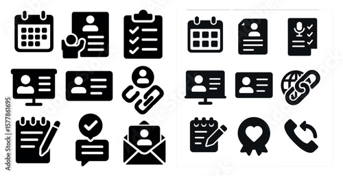 Set of icons for a calendar app. The icons include a calendar, a check mark, a person, a phone, a computer, a keyboard, a pen, a heart, and a wreath