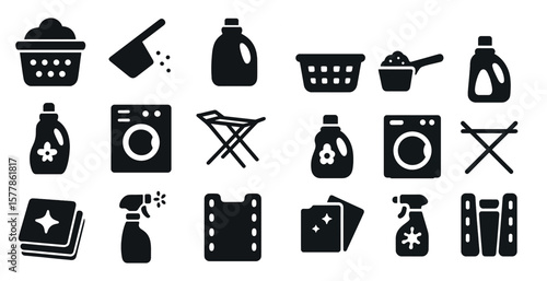 Collection of laundry symbols and icons. The icons include a washing machine, dryer, and various cleaning supplies. Scene is that of a busy household, with many tasks to be done