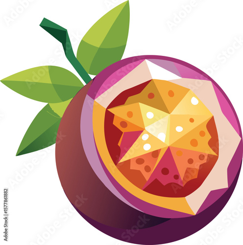 Vibrant Geometric Passion Fruit Illustration, Low Poly Style, Tropical Fruit Design, Half Cut Passion Fruit with Leaves, Colorful Vector...