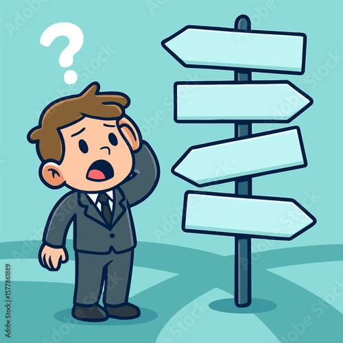 Confused businessman at crossroads vector illustration of decision dilemma