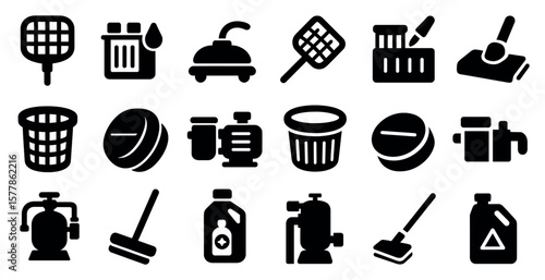 Collection of black and white icons for household items such as a broom, a bucket, a bottle, and a trash can