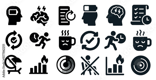 Collection of black and white icons that represent various concepts related to the brain and mental health. The icons include a clock, a person running, a person sleeping, a person with a cup