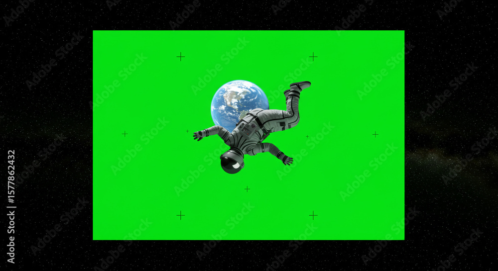 Naklejka premium An astronaut floating in space with earth behind him against a green screen in the dark night sky