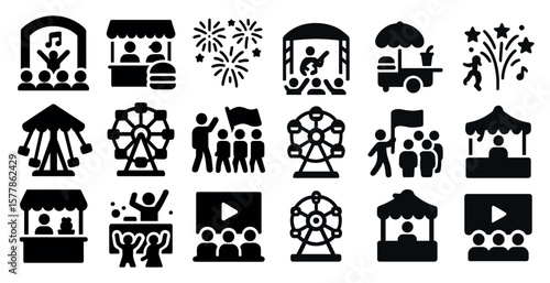 Collection of black and white icons depicting various amusement park rides and activities. The icons include a Ferris wheel, a carousel, a roller coaster, a merry-go-round, and a train