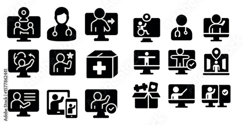 Set of icons for a computer screen, including a doctor, a box, a person with a box, a person with a camera, a person with a box, a person with a box, a person with a box, a person with a