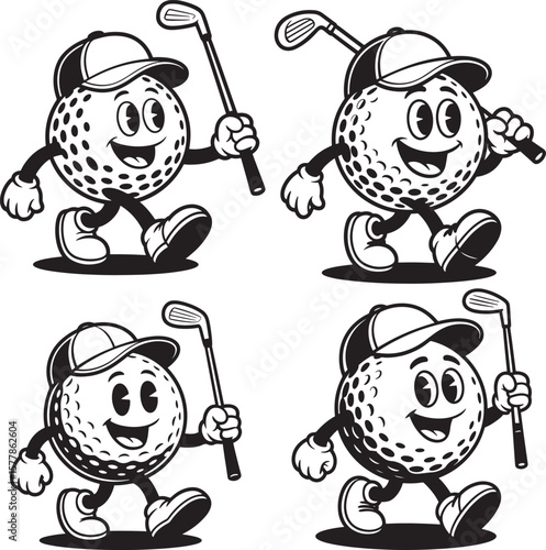 Happy golf ball character with golf club silhouette