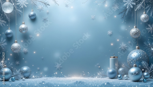 Wallpaper Mural Festive Blue and Silver Christmas Ornaments on Snow.A beautiful, elegant Christmas scene featuring a soft blue background, glistening snow, and various hanging and placed silver and light blue Christm Torontodigital.ca