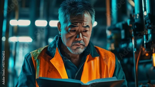 Focused Worker Checks Manual to Troubleshoot