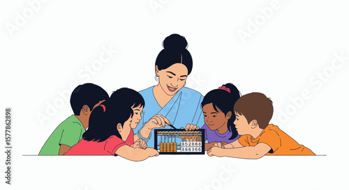 Teacher guiding children in an abacus lesson, fostering collaborative learning and mathematical skills.