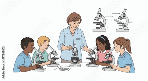 A teacher guides students in a science lab using microscopes for learning.