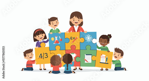 Children and a teacher collaborate to assemble a jigsaw puzzle representing different subjects like math and science.