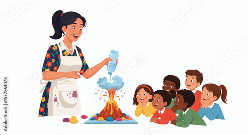 A teacher demonstrates a science experiment, a volcano eruption, to a group of attentive elementary school students.