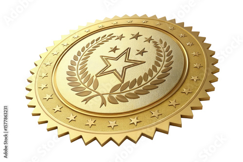 Golden award medal with laurel wreath and stars isolated on transparent background