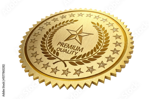 Golden premium quality award seal with stars and laurel wreath isolated on transparent background