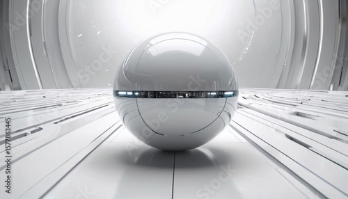A futuristic white sphere with metallic accents is centered in a bright tunnel