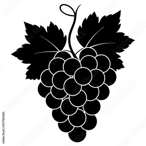 A black silhouette of a bunch of grapes with leaves