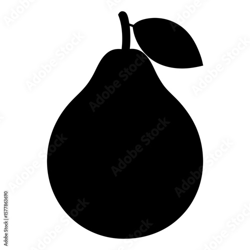 A black silhouette of a pear with a stem and leaf