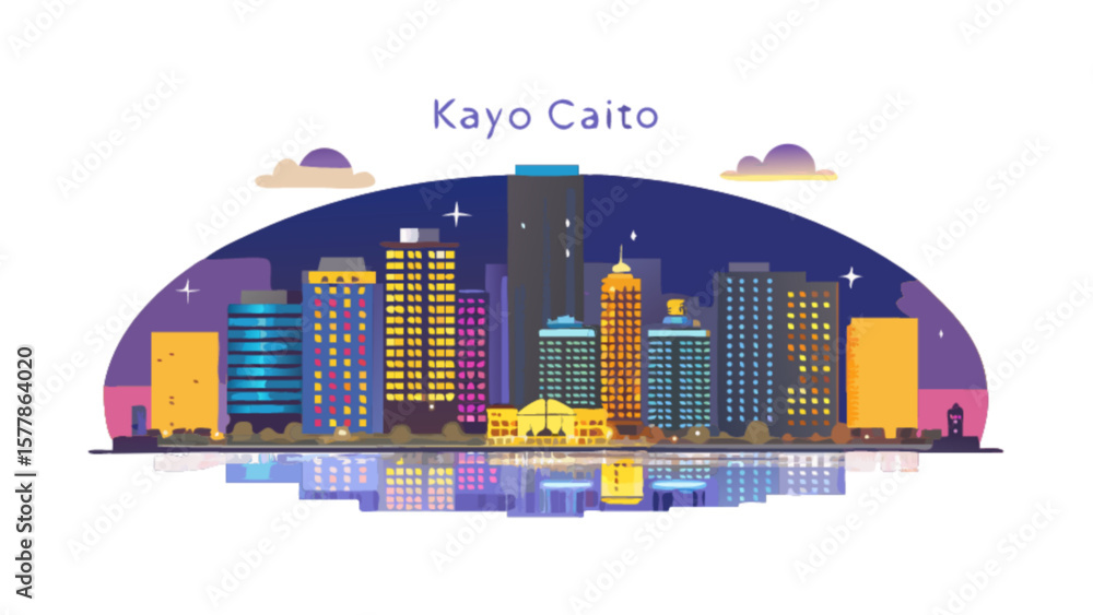 Naklejka premium Kayo caito city skyline illustration with modern buildings and reflection at night vector design art