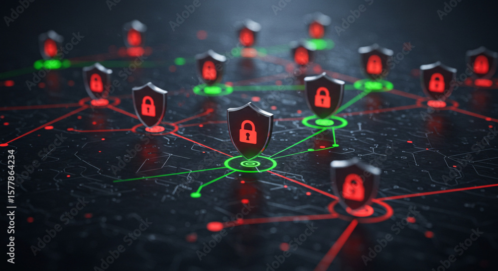 Fototapeta premium Cybersecurity Network Grid with Shield Icons