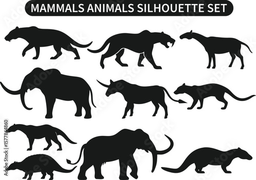 Prehistoric Mammals Silhouette Vector Set – Extinct Animal Illustrations in Black Silhouette Style