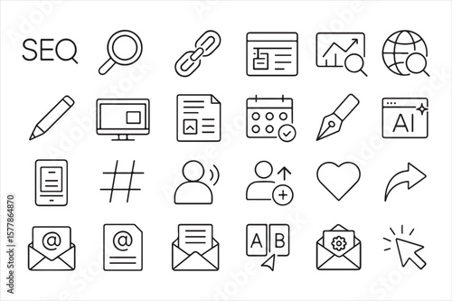Vector art of seo and web optimization icons in a line art style isolated on white background