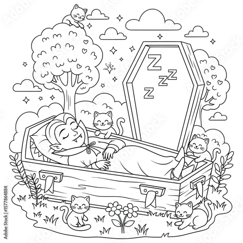 Adorable vampire sleeping peacefully in a coffin surrounded by cute cats in a magical Halloween cartoon scene – line art coloring page