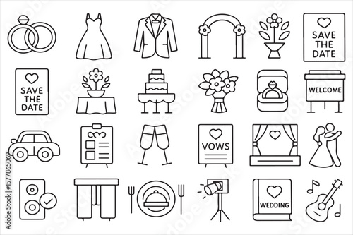 Vector art of various wedding and marriage related icons isolated on white background