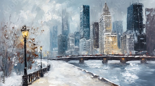 Watercolor Snowy Bridge and Buildings background,Generative Ai